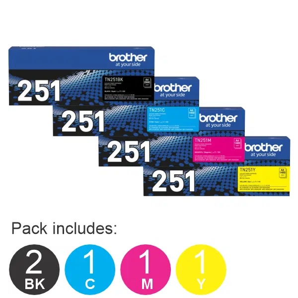 5 Pack Brother TN251 (1BK,1C,1M,1Y) Toner Cartridges