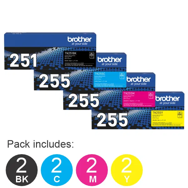 8 Pack Brother TN251 (BK) & TN255 (C/M/Y) (2BK,2C,2M,2Y) Toner Cartridges