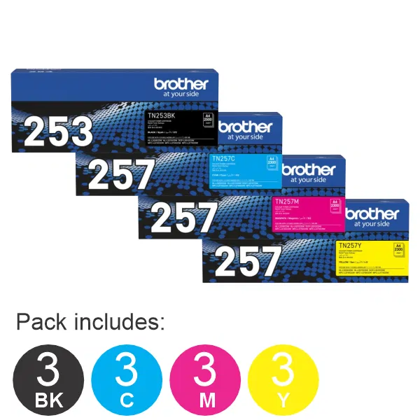 12 Pack Brother TN253 (BK) & TN257 (C/M/Y) (3BK,3C,3M,3Y) Toner Cartridges