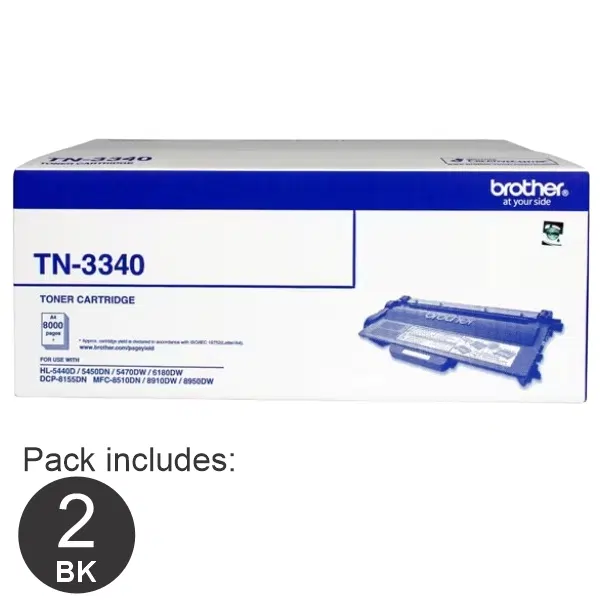 2 x Brother TN3340 Black Toner Cartridge TN-3340