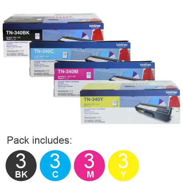 12 Pack Brother TN340 (3BK,3C,3M,3Y) Toner Cartridges