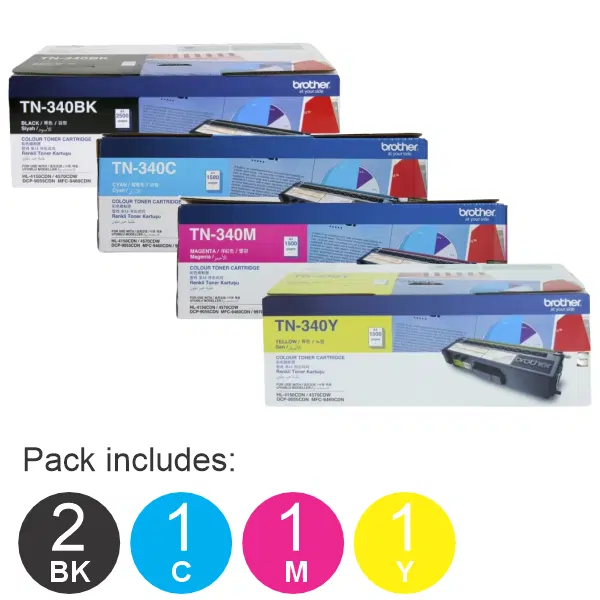 5 Pack Brother TN340 (2BK,1C,1M,1Y) Toner Cartridges