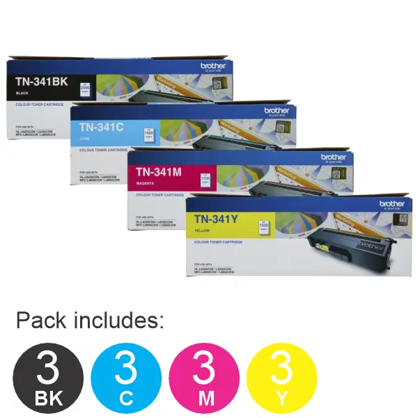 12 Pack Brother TN341 (3BK,3C,3M,3Y) Toner Cartridges