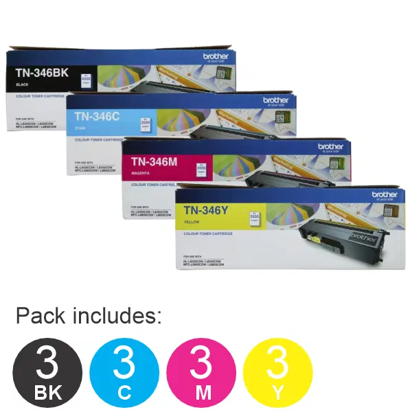 12 Pack Brother TN346 (3BK,3C,3M,3Y) Toner Cartridges