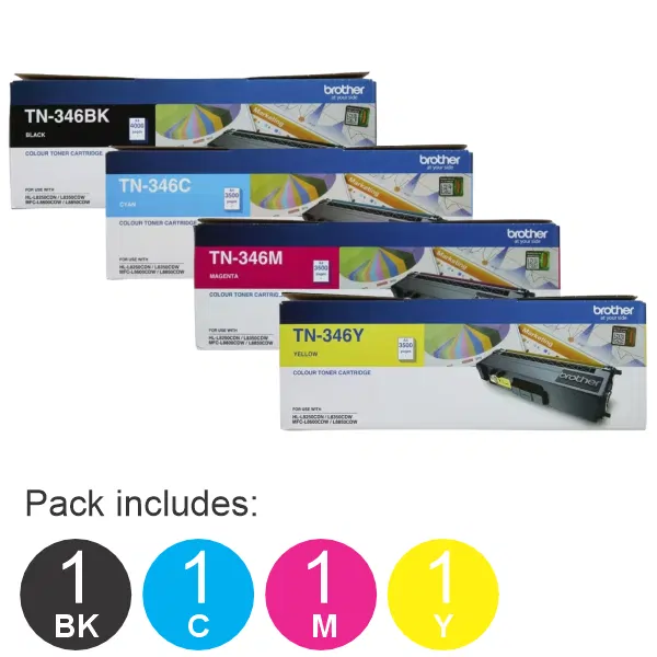 4 Pack Brother TN346 (1BK,1C,1M,1Y) Toner Cartridges