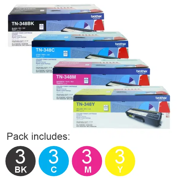 12 Pack Brother TN348 (3BK,3C,3M,3Y) Toner Cartridges