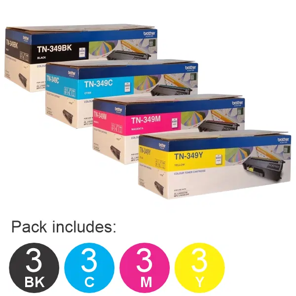 12 Pack Brother TN349 (3BK,3C,3M,3Y) Toner Cartridges