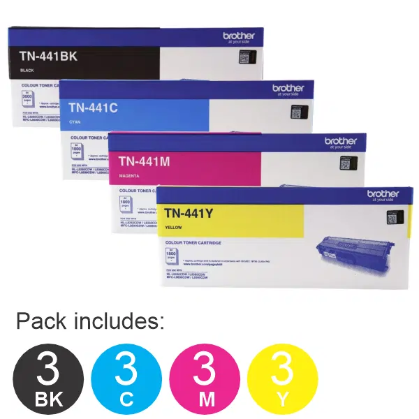 12 Pack Brother TN441 (3BK,3C,3M,3Y) Toner Cartridges