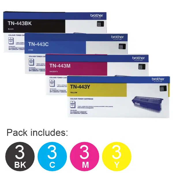 12 Pack Brother TN443 (3BK,3C,3M,3Y) Toner Cartridges