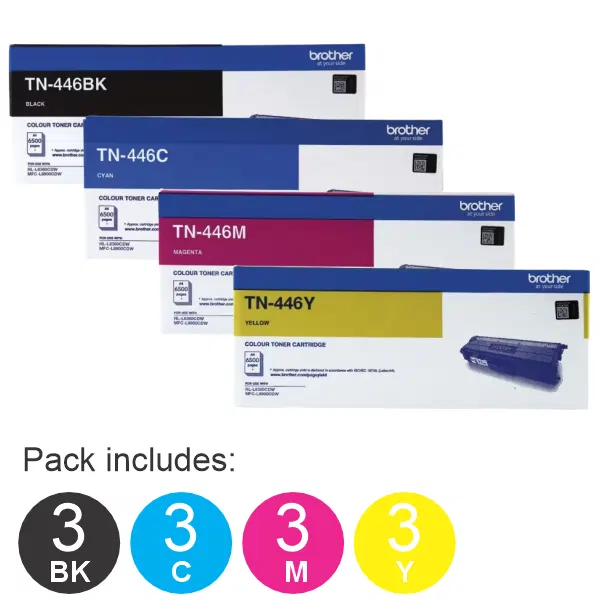 12 Pack Brother TN446 (3BK,3C,3M,3Y) Toner Cartridges