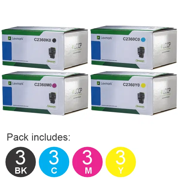 12 Pack Lexmark C2360K0,C2360C0,C2360M0,C2360Y0 (3BK,3C,3M,3Y) Toner Cartridges