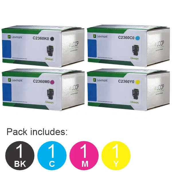 4 Pack Lexmark C2360K0,C2360C0,C2360M0,C2360Y0 (1BK,1C,1M,1Y) Toner Cartridges