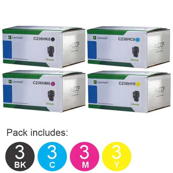 12 Pack Lexmark C236HK0,C236HC0,C236HM0,C236HY0 (3BK,3C,3M,3Y) Toner Cartridges