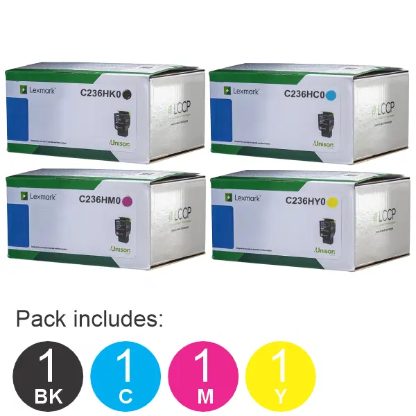 4 Pack Lexmark C236HK0,C236HC0,C236HM0,C236HY0 (1BK,1C,1M,1Y) Toner Cartridges