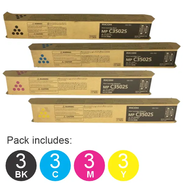 12 Pack Ricoh MPC3002 (1BK,1C,1M,1Y) Toner Cartridges