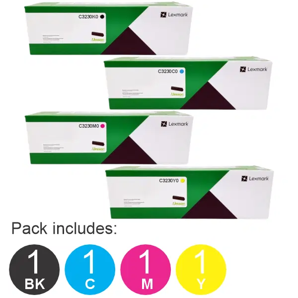 4 Pack Lexmark C3230K0,C3230C0,C3230M0,C3230Y0 (1BK,1C,1M,1Y) Toner Cartridges