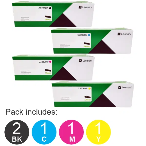 5 Pack Lexmark C3230K0,C3230C0,C3230M0,C3230Y0 (2BK,1C,1M,1Y) Toner Cartridges