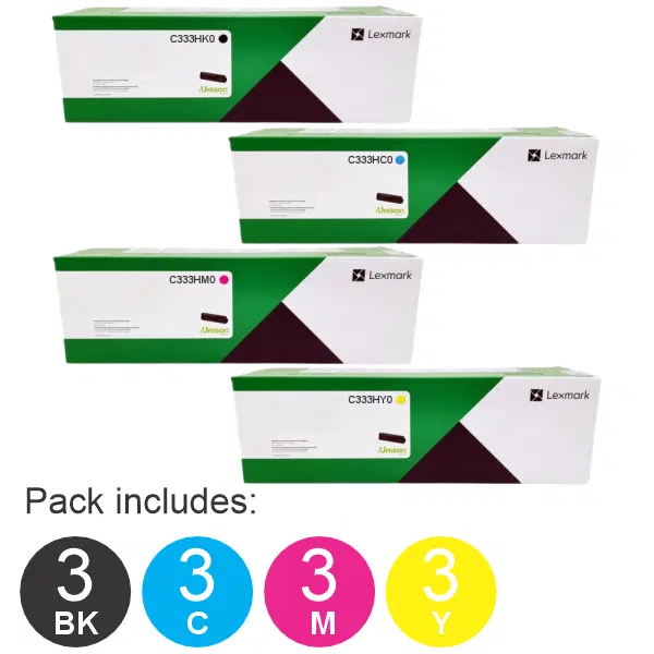 12 Pack Lexmark C333HK0,C333HC0,C333HM0,C333HY0 (2BK,2C,2M,2Y) Toner Cartridges