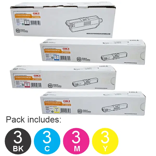 12 Pack OKI C510DN (3BK,3C,3M,3Y) Toner Cartridges