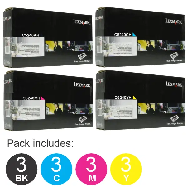 12 Pack Lexmark C5240KH,C5240CH,C5240MH,C5240YH (3BK,3C,3M,3Y) Toner Cartridges