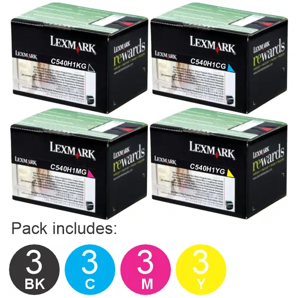 12 Pack Lexmark C540H1KH,C540H1CG,C540H1MG,C540H1YG (3BK,3C,3M,3Y) Toner Cartridges