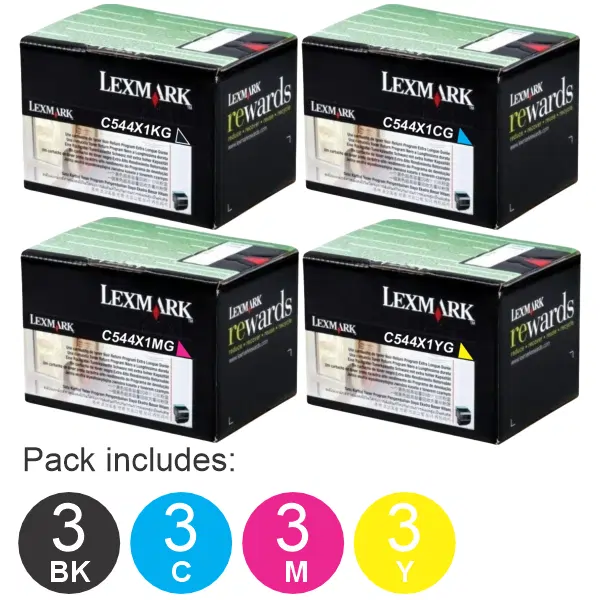 12 Pack Lexmark C544X1KG,C544X1CG,C544X1MG,C544X1YG (3BK,3C,3M,3Y) Toner Cartridges