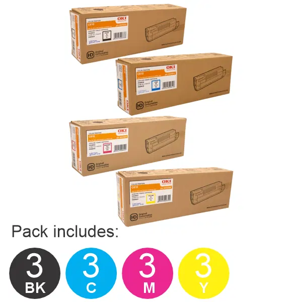 12 Pack OKI C610 (3BK,3C,3M,3Y) Toner Cartridges