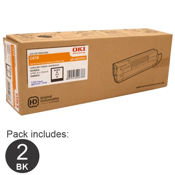 2 x OKI C610 Black Toner Cartridge 44315312