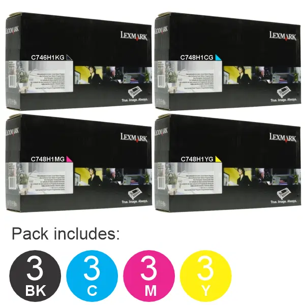 12 Pack Lexmark C746H1KG,C748H1CG,C748H1MG,C748H1YG (3BK,3C,3M,3Y) Toner Cartridges