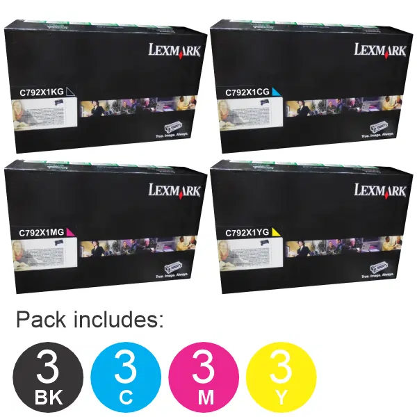 12 Pack Lexmark C792X1KG,C792X1CG,C792X1MG,C792X1YG (3BK,3C,3M,3Y) Toner Cartridges