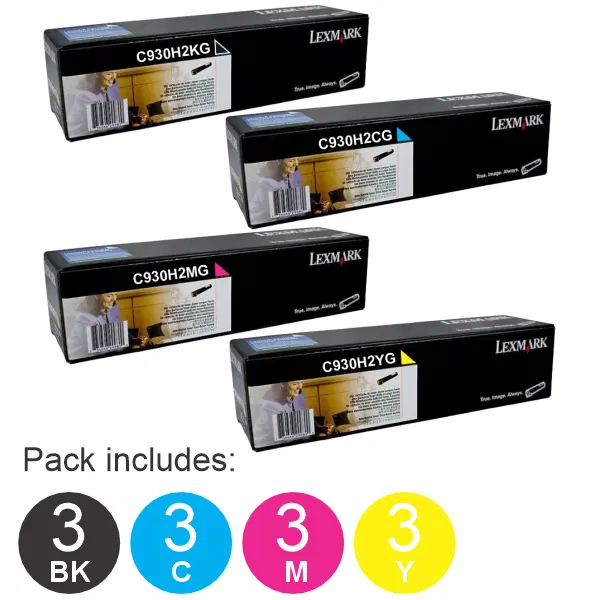 12 Pack Lexmark C930H2KG,C930H2CG,C930H2MG,C930H2YG (3BK,3C,3M,3Y) Toner Cartridges