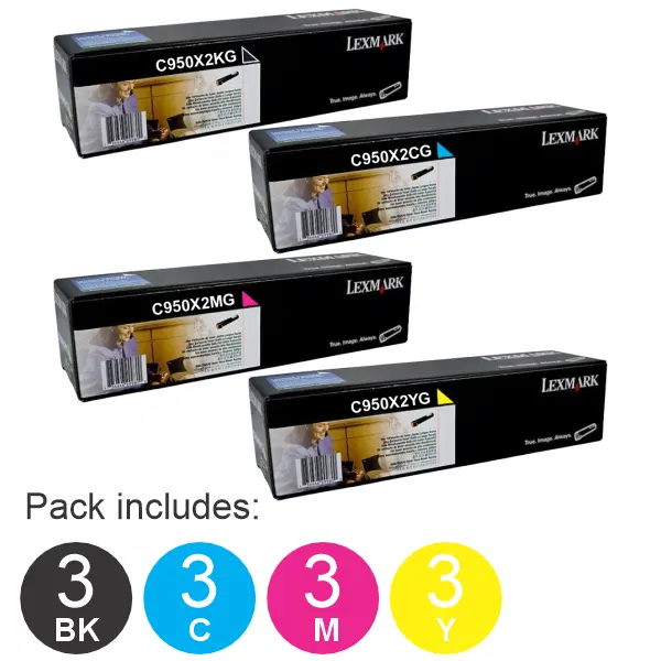 12 Pack Lexmark C950X2KG,C950X2CG,C950X2MG,C950X2YG (3BK,3C,3M,3Y) Toner Cartridges