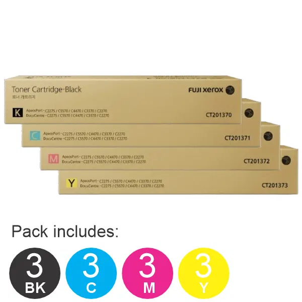 12 Pack Fuji Xerox CT201370,CT201371,CT201372,CT201373 (3BK,3C,3M,3Y) Toner Cartridges