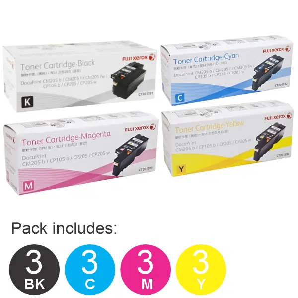 12 Pack Fuji Xerox CT201591,CT201592,CT201593,CT201594 (3BK,3C,3M,3Y) Toner Cartridges