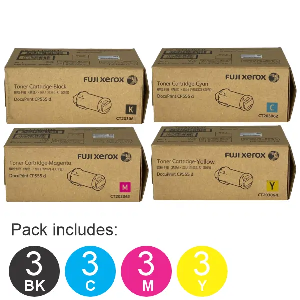 12 Pack Fuji Xerox CT203061,CT203062,CT203063,CT203064 (3BK,3C,3M,3Y) Toner Cartridges