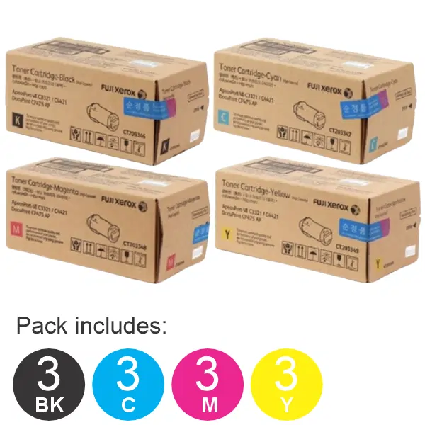 12 Pack Fuji Xerox CT203346,CT203347,CT203348,CT203349 (1BK,1C,1M,1Y) Toner Cartridges