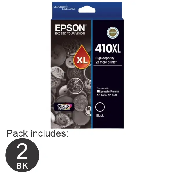 2 x Epson 410XL High Yield Black Ink Cartridge C13T339192