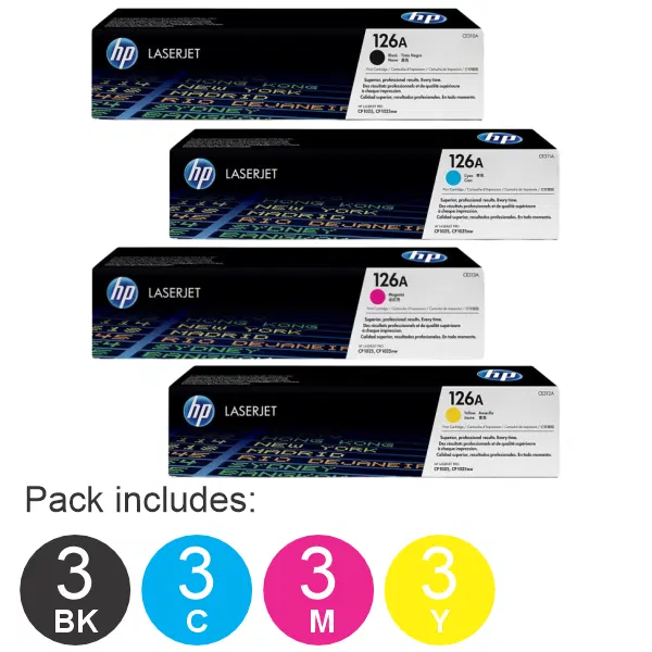 12 Pack HP #126A (1BK,1C,1M,1Y) Toner Cartridge