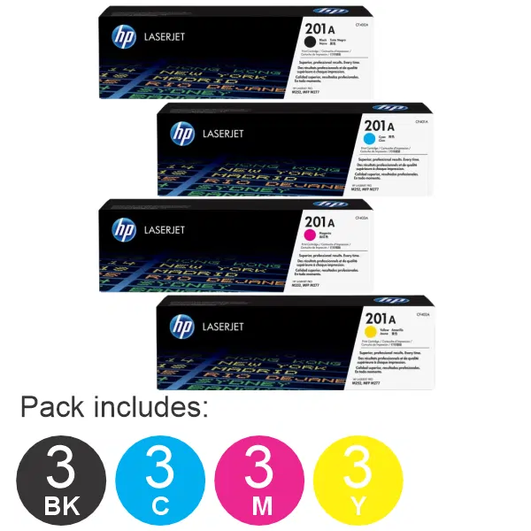 12 Pack HP #201A (1BK,1C,1M,1Y) Toner Cartridge