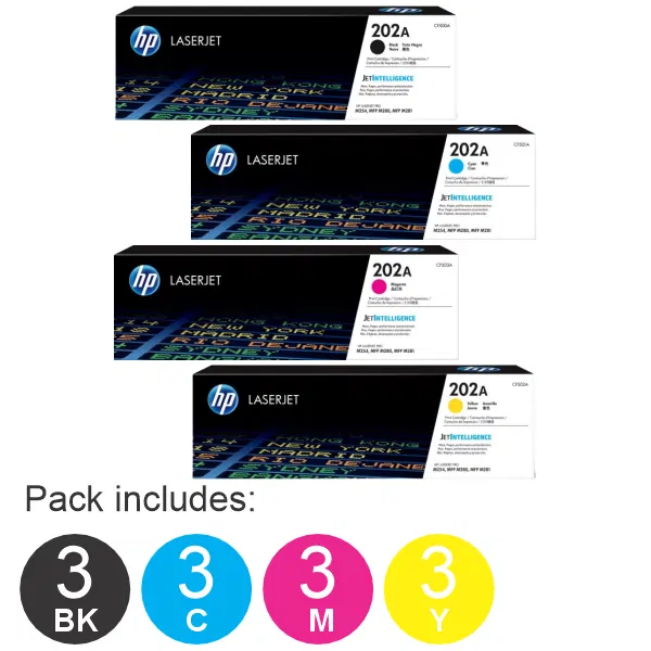 12 Pack HP #202A (1BK,1C,1M,1Y) Toner Cartridge