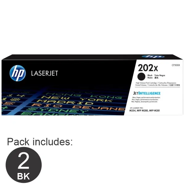 2 x HP #202X Black Toner Cartridge CF500X