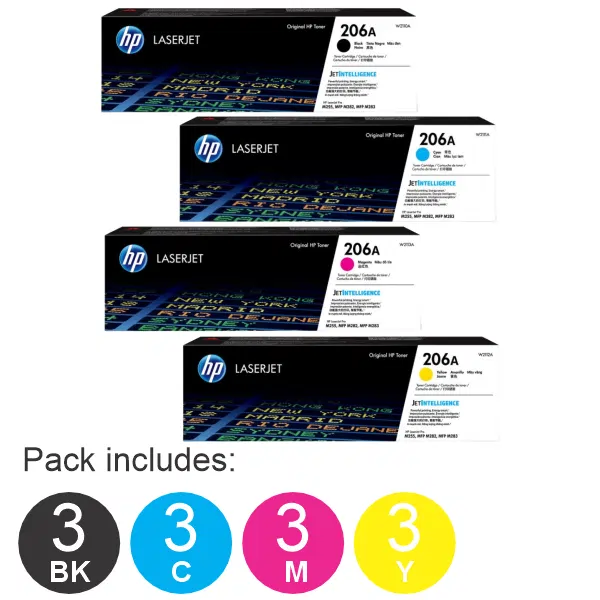 12 Pack HP #206A (1BK,1C,1M,1Y) Toner Cartridge