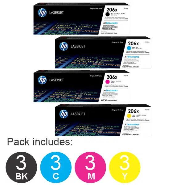 12 Pack HP #206X (1BK,1C,1M,1Y) Toner Cartridge