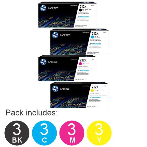 12 Pack HP #212A (1BK,1C,1M,1Y) Toner Cartridge