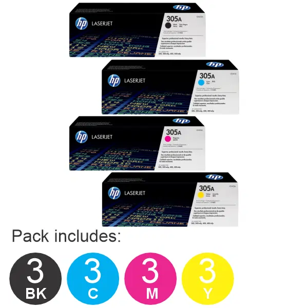 12 Pack HP #305A (1BK,1C,1M,1Y) Toner Cartridge