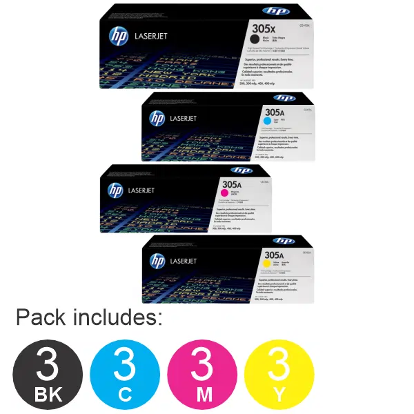 12 Pack HP #305X (1BK) & #305A (1C,1M,1Y) Toner Cartridge