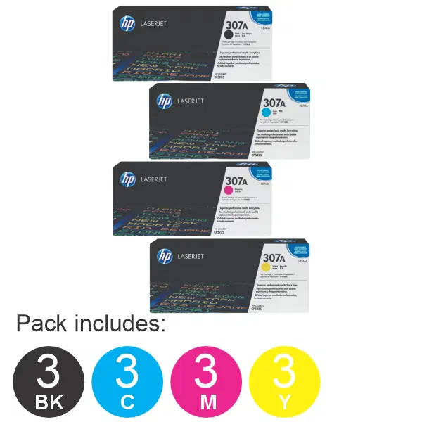 12 Pack HP #307A (1BK,1C,1M,1Y) Toner Cartridge