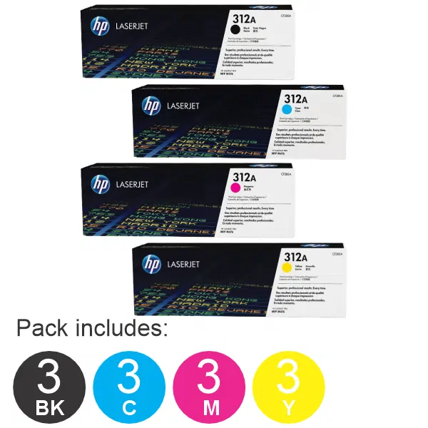 12 Pack HP #312A (1BK,1C,1M,1Y) Toner Cartridge