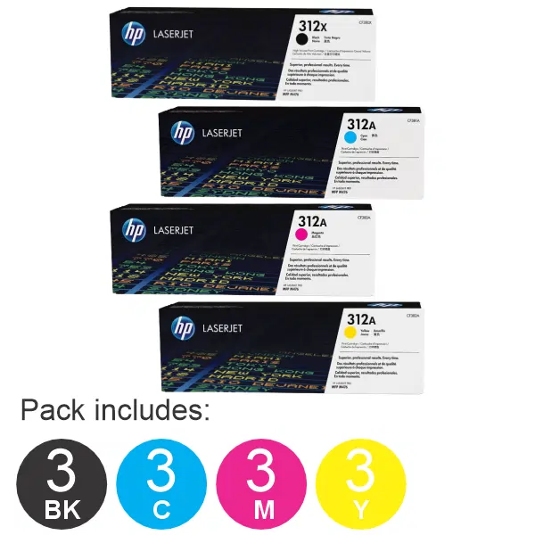 12 Pack HP #312X (1BK) & #312A (1C,1M,1C) Toner Cartridge