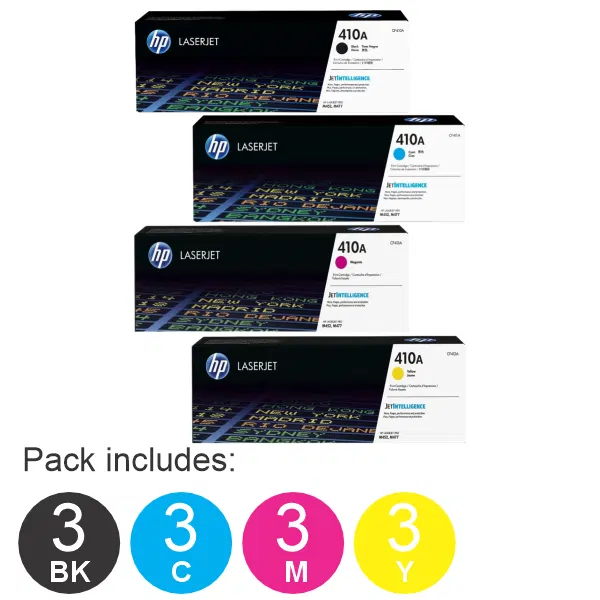 12 Pack HP #410A (1BK,1C,1M,1Y) Toner Cartridge